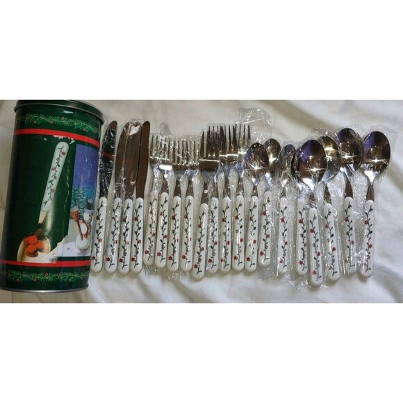 New! 20 Piece Set Holly Flatware Christmas Spoons Forks Knives With Tin - Picture 1 of 10